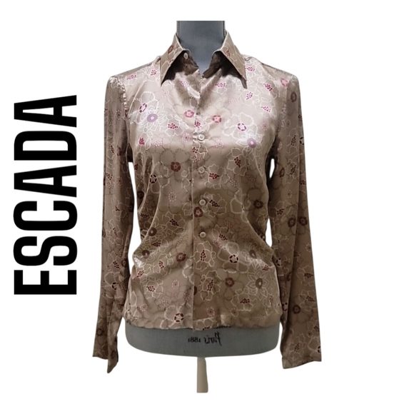 NWOT WOMEN'S ESCADA 100% SILK FLORAL cream long sleeve collar blouse size 36 - Picture 3 of 10